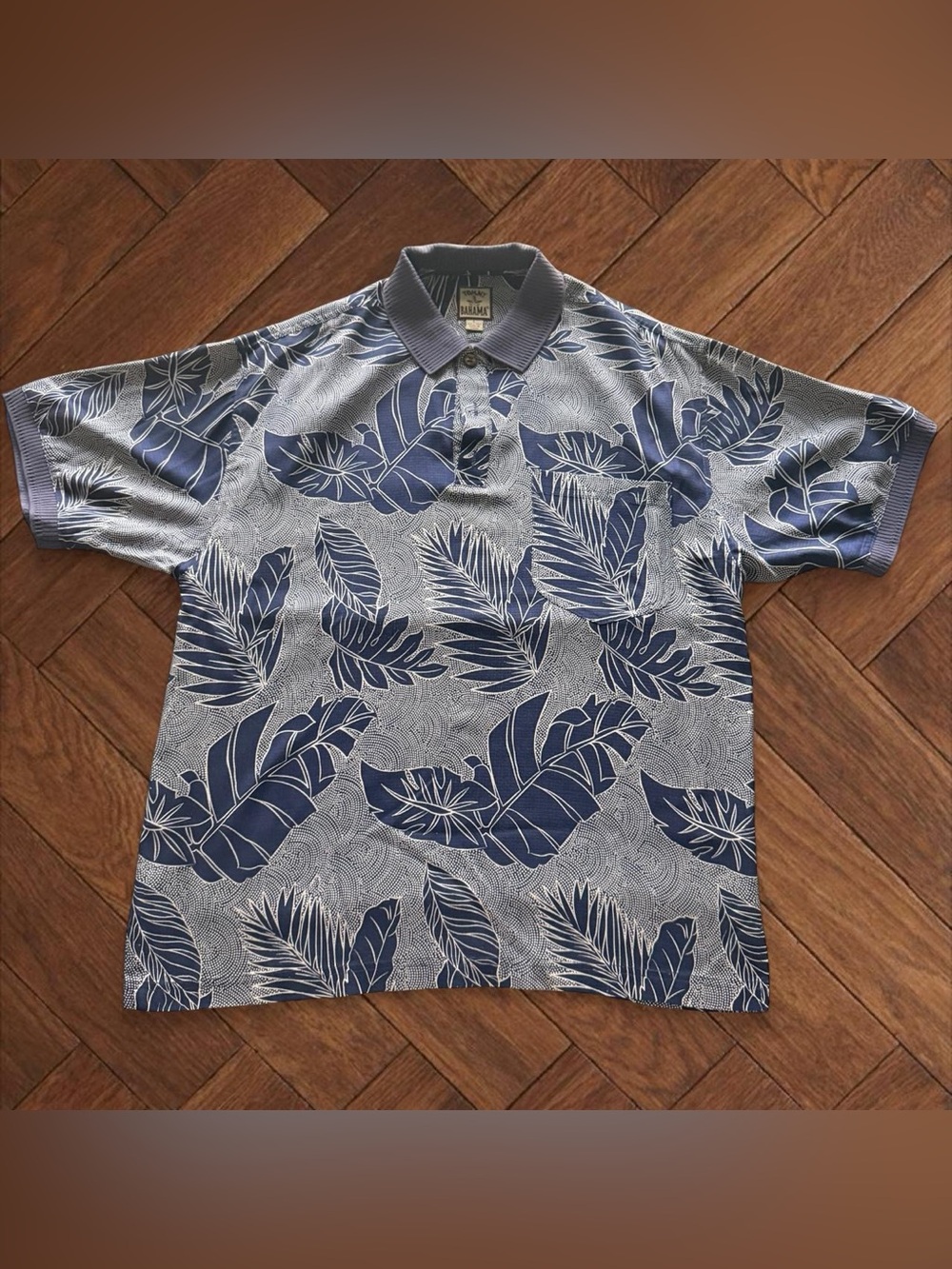 Vintage Tommy Bahama 100% Silk Blue Leaf Print Polo Shirt Men's Large